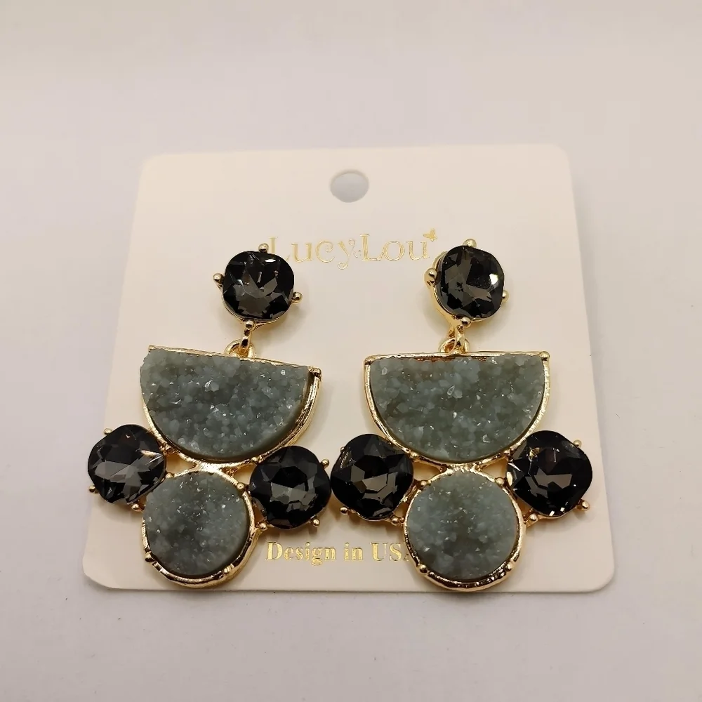 Grey Druzy Stone Drop Earrings - Picture 6 of 8